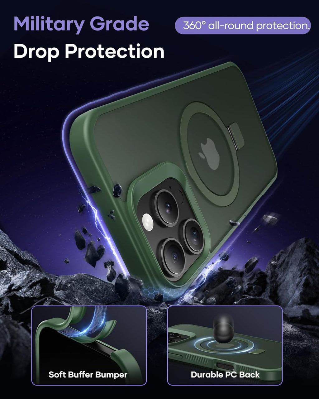 (Buy 1 Get 1) Magnetic Ring Kickstand, Shockproof Protective Back & Translucent Matte Slim Phone Cover for iPhone