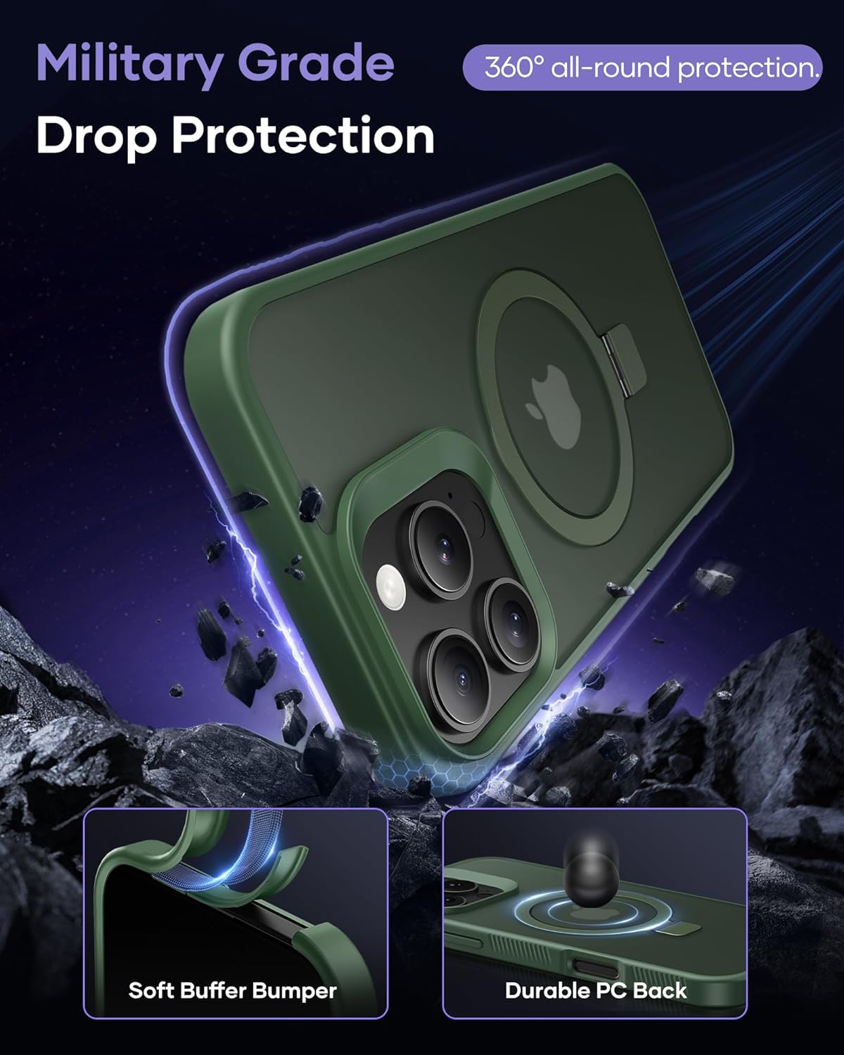 (Buy 1 Get 1) Magnetic Ring Kickstand, Shockproof Protective Back & Translucent Matte Slim Phone Cover for iPhone