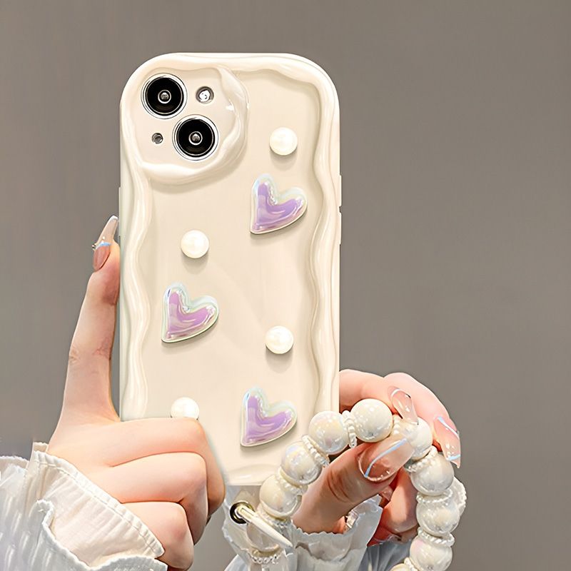 (Buy 1 Get 1) Milky White 3D Pearl and Heart iPhone Case with Charm