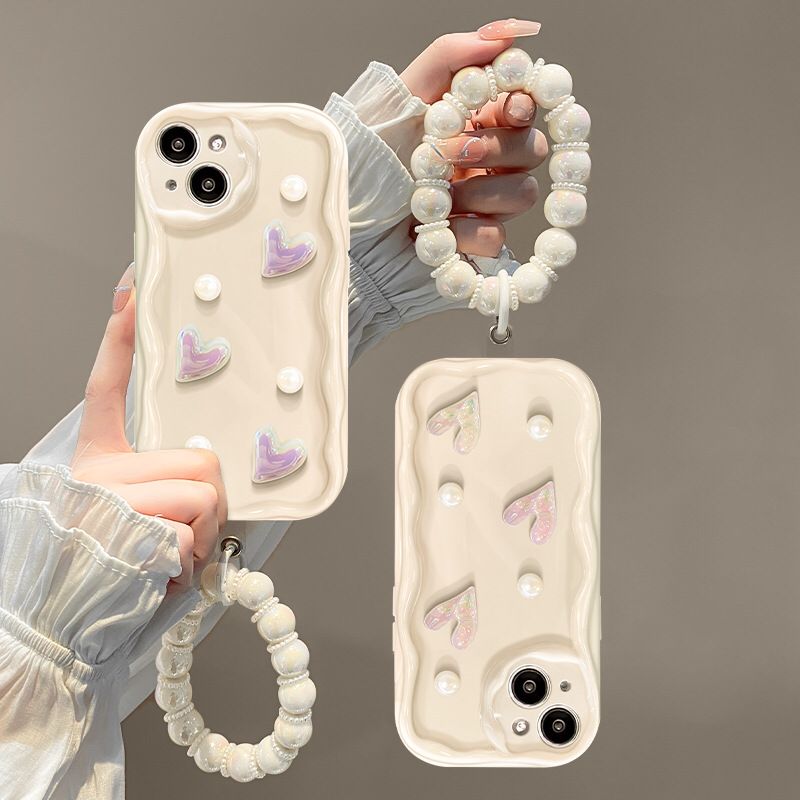(Buy 1 Get 1) Milky White 3D Pearl and Heart iPhone Case with Charm
