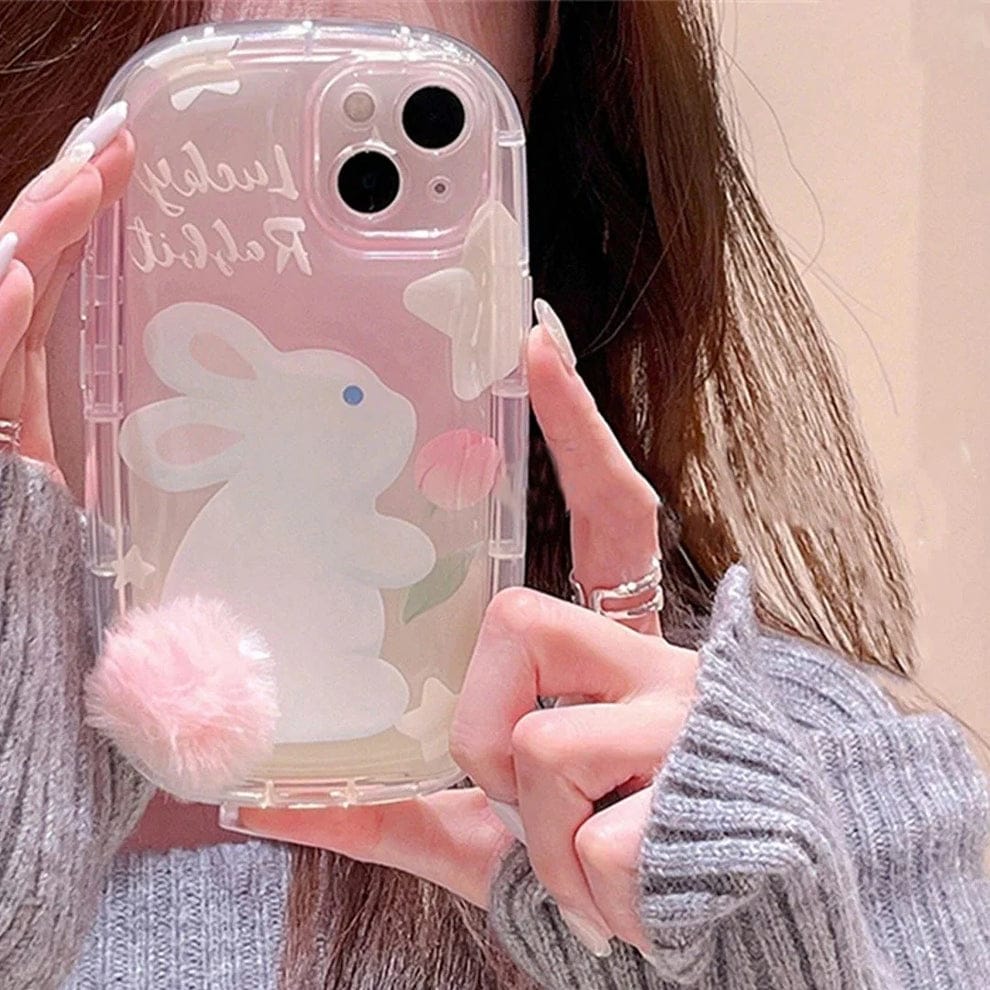 (Buy 1 Get 1) Furry Elegance Rabbit Tail Phone Case With Airpods Case For iPhone