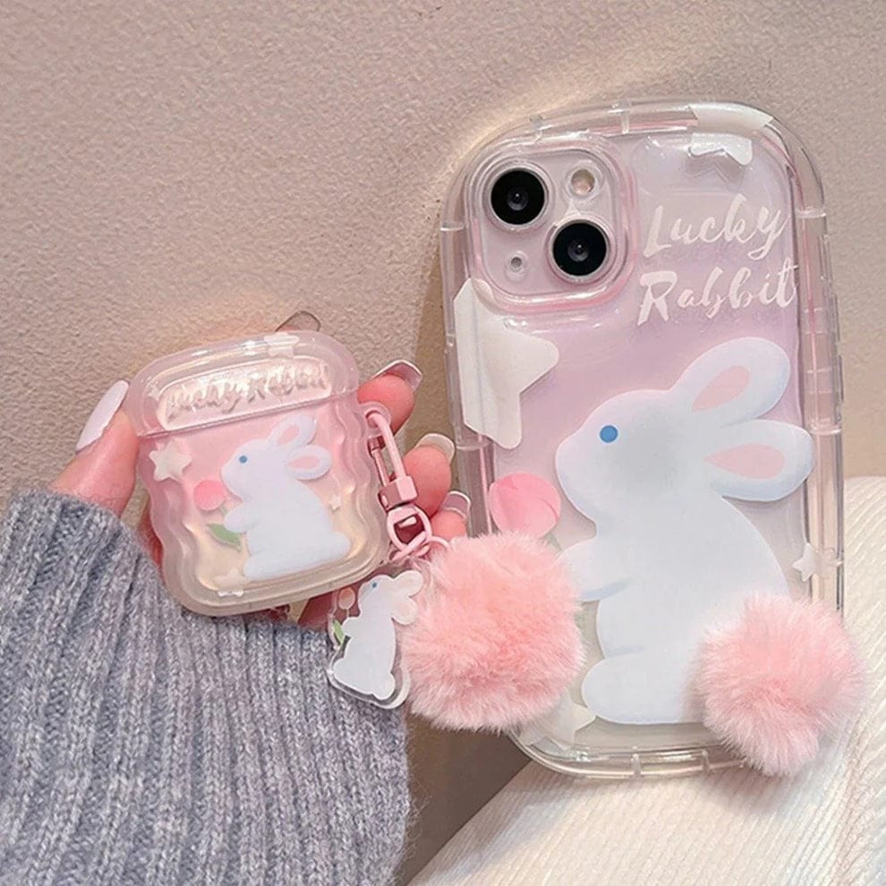 (Buy 1 Get 1) Furry Elegance Rabbit Tail Phone Case With Airpods Case For iPhone