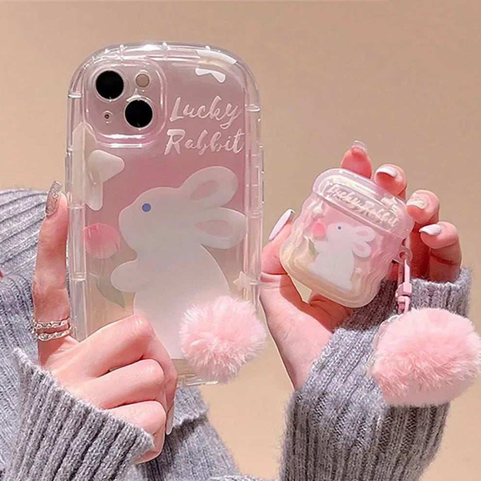 (Buy 1 Get 1) Furry Elegance Rabbit Tail Phone Case With Airpods Case For iPhone