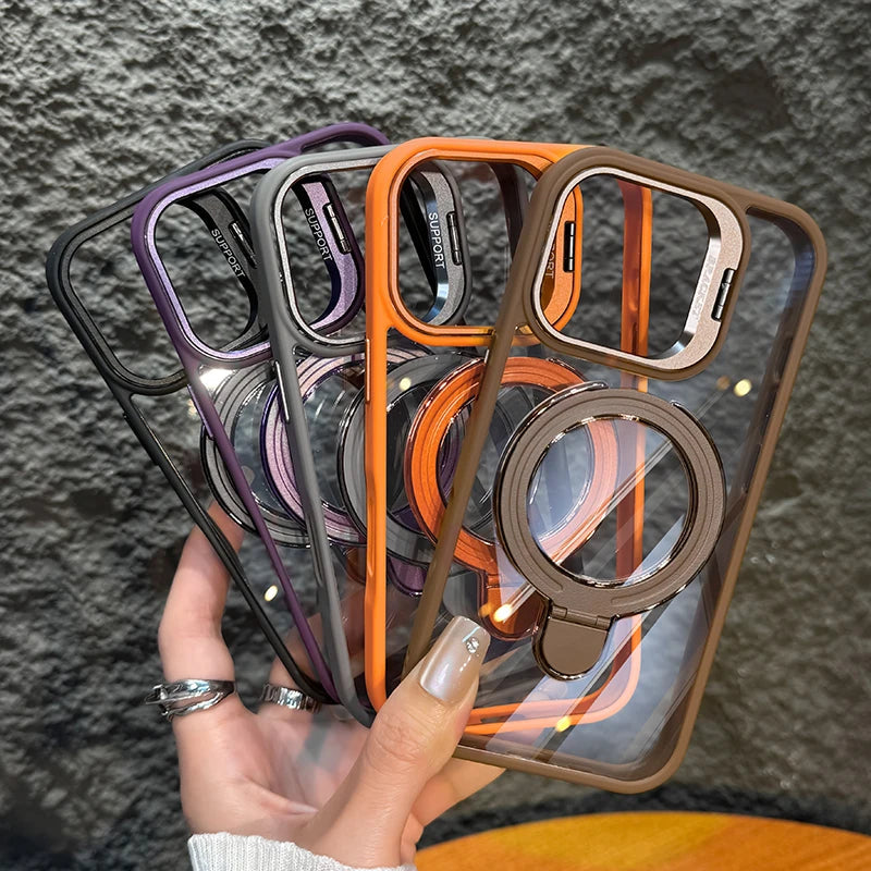 (Buy 1 Get 1) Luxury Magnetic Clear Case | Metal Ring Stand | Camera Lens Protector Rings